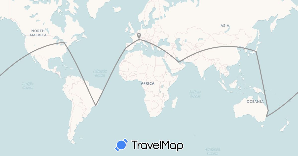 TravelMap itinerary: driving, plane in Australia, Brazil, Canada, Switzerland, Japan, Portugal, Qatar, United States (Asia, Europe, North America, Oceania, South America)